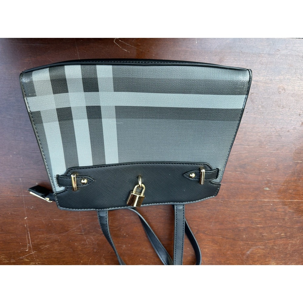 Gray Black Plaid Satchel Top Handle Bag Lock Accent Adjustable Strap Bag Charm